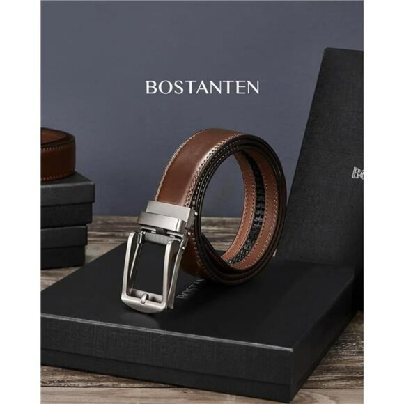 Mens leather ratchet belt adjustable slide buckle dress casual trim to fit - Picture 6 of 7